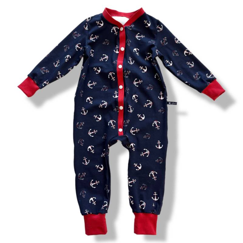 strampler Babyanzug Overall "Brinycanvas" Ankern Anker Maritim Navy Rot Schlafanzug Schlafi62 68 74 80 86 92 98 104 110 116 von JunaKindermodede