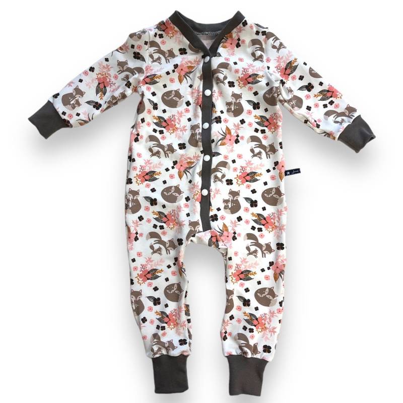 strampler Babyanzug Overall "Cuddlingfox" Fuchs Füchse Blumen Taupe Rosa Holunder Schlafi Schlafanzug Juna 62 68 74 80 86 92 98 104 110 116 von JunaKindermodede