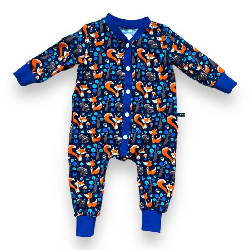 strampler Babyanzug Overall "Woodenfoxes" Fuchs Füchse Eichhörnchen Blau Orange Braun Schlafanzug Schlafi62 68 74 80 86 92 98 104 110 116 von JunaKindermodede