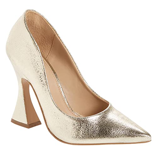 Junayuan Damen Spitze Zehen High Heel Pumps Geschlossene Zehen Ausgestellte Ferse Slip On Party Hochzeit Büro Kleid Schuhe, gold, 37.5 EU von Junayuan