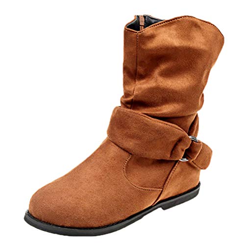 Flache mittlere Wadenstiefel aus Wildleder für Damen runde Zehen kurze Stiefel niedrige Fersenriemenschnalle Stiefeletten von Jundao