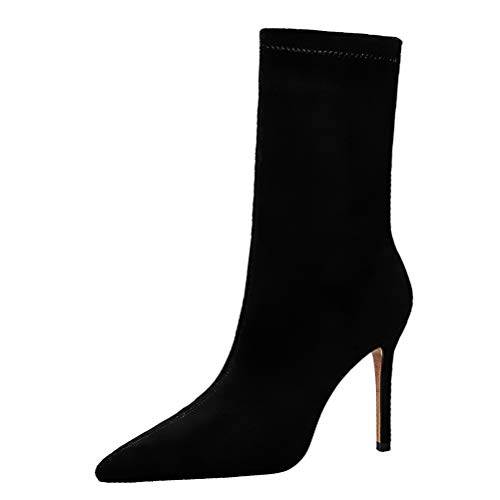 Jundao Damen Wildleder Spitz High Heels Stiefeletten Casual Comfort Slip On Mittlere Wade Kurze Stiefel Damen Stiletto Arbeitsstiefeletten von Jundao