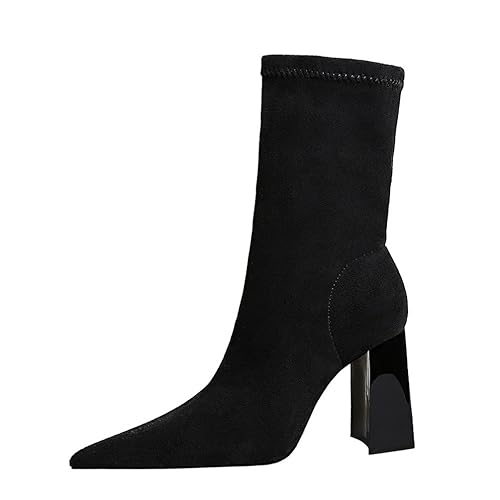 Jundao Einfache Wildleder Transparente Ferse Kurze Stiefel Square Toe Blockabsatz Mittelrohr Stiefel Slip-on High Heels Damen Party Stiefeletten von Jundao