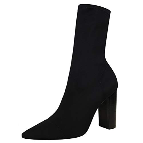 Jundao Herbst und Winter Single Stiefel High Heel Blockabsatz Stretch Tuch Spitz Stiefeletten Slip-on Damen Party Hochzeit Halbhohe Stiefel von Jundao