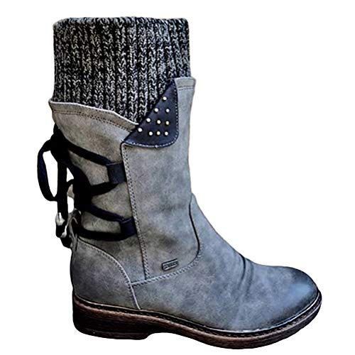 Mode Frauen Stiefel Runde Zehe Blockabsatz Mittlere Stiefel Vintage Dicke Fersenriemen Damen Mittlere Wadenstiefel von JUNDAO
