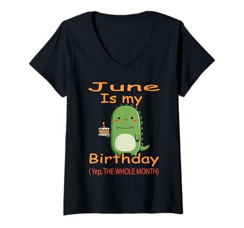 Damen Juni Geburtstag Dinosaurier mit Kuchen Lustiger Geburtstag T-Shirt mit V-Ausschnitt von June Dinosaur Birthday Cake