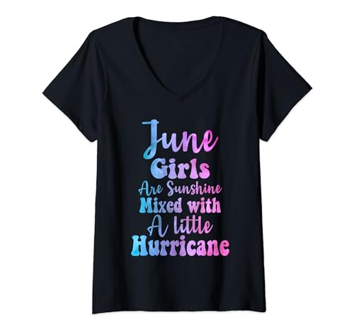 Damen Juni Girls are sunshine mixed with a little hurricane T-Shirt mit V-Ausschnitt von June birthday Funny Girls Birthdays Tie Dye