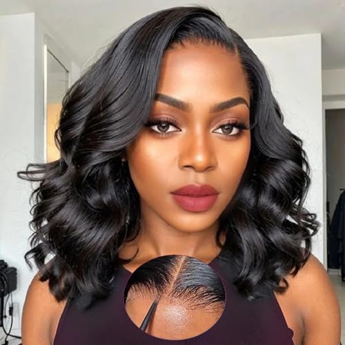 9x6 Pre Plucked Pre Bleached Pre Cut Glueless Body Wave HD Lace Front Closure Wig 250% Density Human Hair Wear and Go for Black Women Body Wave Wigs 100% Human Hair 12 Inch von JuneMet