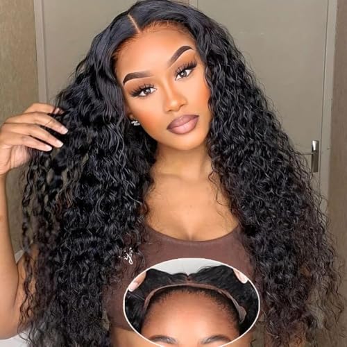 Junemet 24 Zoll Deep Curly Human Hair Wig 9x6 Echthaar Perücke Pre Cut Lace Front Wig Human Hair for Women Perücke Damen Echthaar 180% Dichte Natürliches Schwarz Wear and Go Perücke (61CM) von JuneMet