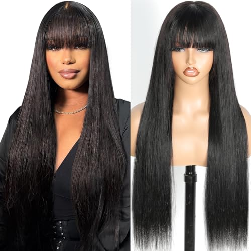 Junemet 30 Zoll Echthaar Perücke mit Pony Straight Perücke Damen Echthaar 2x4 HD Lace Human Hair Wig with Bangs for Women Wear and Go Glueless Human Hair Wig Natürliche Farbe (76cm) von JuneMet