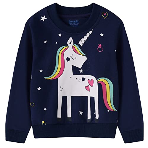 Junellz Mädchen Kleidung 2-8 Jahre Regenbogen Mädchen Pullover 2-8 Jahre Kinder Kleidung Rosa Mädchen Sweatshirt Kleinkind Mädchen Tops für Mädchen T-Shirts, Dunkelblaues Einhorn, 7 Jahre von Junellz