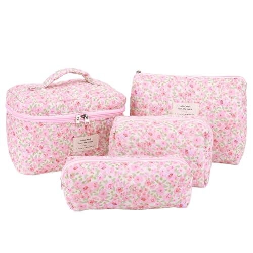 4PCS Frauen Make-Up Tasche Gesteppte Reise Kulturbeutel Floral Baumwolle Make-Up Tasche Make-Up Organizer Toiletry Organizer Tasche von Junerain