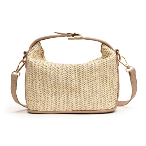Junerain Strohgewebte Umhängetasche for Damen kleine Bast Tragetasche aus Stroh Clutch for den Sommer Strandurlaub, Sommer Stroh Eimer Geldbörse mit Griff oben von Junerain