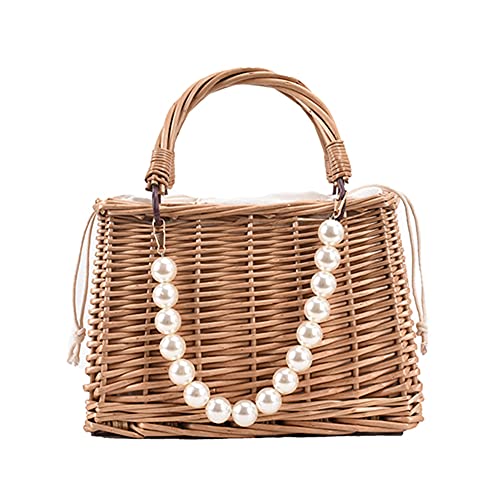 Strohhandtasche, Vintage Rattan gewebte Damen Tragetasche, Retro Frauen Rattan gewebte Perle Tote, Damen Sommer Strand Tote Perle Mini Korb Handtasche Geldbörse for Reisen Alltag Urlaub, C von Junerain