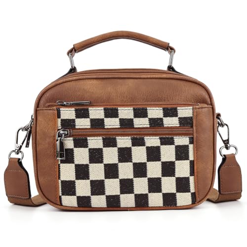 Umhängetasche for Damen, karierte PU-Leder Handtasche mit mehreren Taschen, Griff und Reißverschluss, Satchel-Geldbörse for Arbeit und Reisen von Junerain