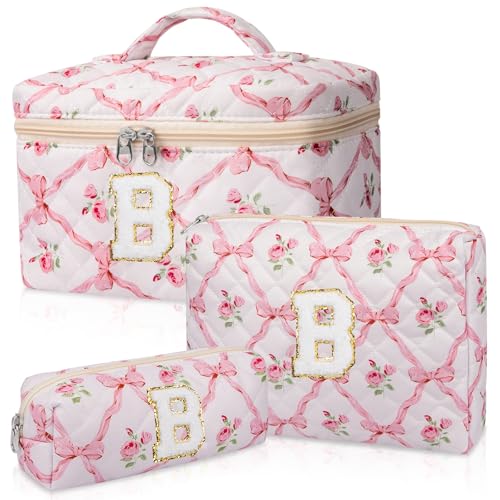 Junesters Personalized Initial Makeup Bag Set, Quilted Makeup Bag, Large Floral Cosmetic Bag for Women, Cute Cotton Custom Make up Bags, Flower Travel Toiletry Bag Teen Girl Gift Trendy Stuff Gift B von Junesters