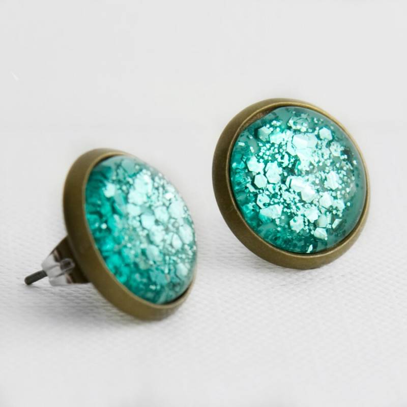 Aqua Chunky Glitter Post Ohrringe in Antiker Bronze - Türkis Gemischt Sechseckige Ohrstecker Aqua Chunky Glitter Post Ohrringe in Antiker Bronze - Türkis Gemischt Sechseckige Ohrstecker von JunestoneMarket