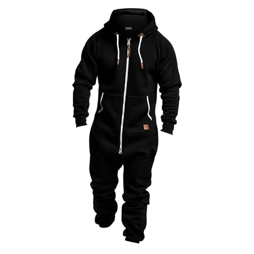 Herren-Jumpsuit mit Kapuze, Reißverschluss, einteiliger Schlafanzug für Workout, Sport, athletischer Spielanzug, Jogger, Sweatsuit, Overall, Strampler, Schwarz , L von Juneyou