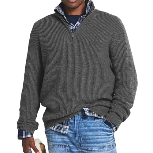 Herren-Pullover aus Kaschmir, Business-Casual-Reißverschluss, Basic-Pullover, 1/4-Reißverschluss, Stehkragen, Polo-Pullover, grau, X-Large von Juneyou