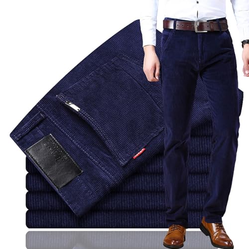 Juneyou Cordhose für Herren, klassische Passform, gerade Passform, flache Vorderseite, lässig, lockere Stretch-Kordsamt, blau, 56 von Juneyou