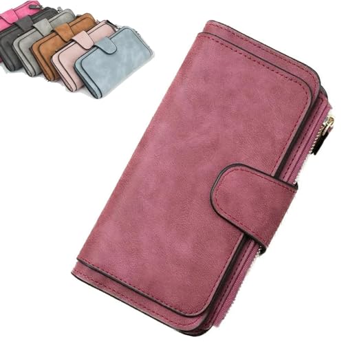 Juneyou Retro-Glamouröse Damengeldbörsen mit mehreren Fächern, PU-Leder, dreifach gefaltete Brieftaschen, mehrere Fächer, lange Geldbörse, Clutch, violett, rot, Einheitsgröße von Juneyou