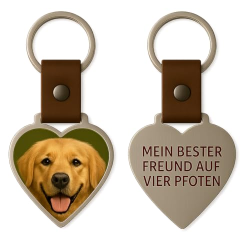 Jung Edelstahl Design – Personalisierter Schlüsselanhänger mit Foto & Gravur – Herz mit Hundepfote aus Edelstahl & Lederband – Geschenk für Tierliebhaber z.B. Katzenfans (Herz, braun) von Jung Edelstahl Design