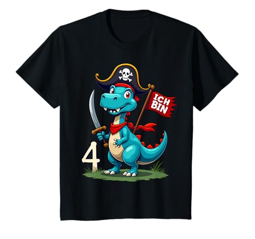 Kinder 4. Geburtstag Pirat Dino - Ich bin 4 T-Shirt Kinder 4. Geburtstag Pirat Dino - Ich bin 4 T-Shirt von Junge 4 Jahre Dino Pirat Piraten Party Geburtstag
