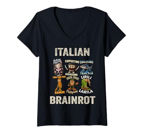 Damen Italian Brainrot T-Shirt mit V-Ausschnitt Damen Italian Brainrot T-Shirt mit V-Ausschnitt von Jungen Mädchen Italian Brainrot Kinder