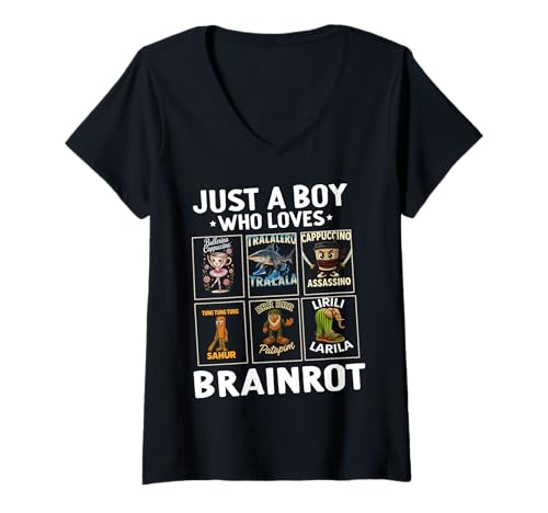 Damen Italian Brainrot T-Shirt mit V-Ausschnitt Damen Italian Brainrot T-Shirt mit V-Ausschnitt von Jungen Mädchen Italian Brainrot Kinder