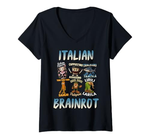 Damen Italian Brainrot T-Shirt mit V-Ausschnitt Damen Italian Brainrot T-Shirt mit V-Ausschnitt von Jungen Mädchen Italian Brainrot Kinder