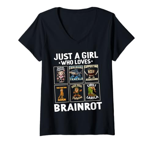 Damen Italian Brainrot T-Shirt mit V-Ausschnitt Damen Italian Brainrot T-Shirt mit V-Ausschnitt von Jungen Mädchen Italian Brainrot Kinder