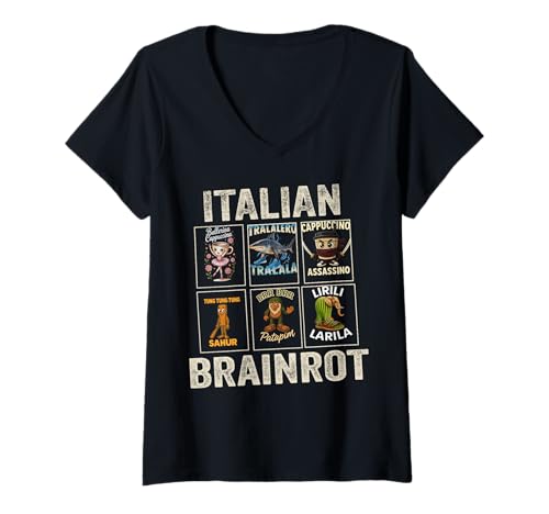 Damen Italian Brainrot T-Shirt mit V-Ausschnitt Damen Italian Brainrot T-Shirt mit V-Ausschnitt von Jungen Mädchen Italian Brainrot Kinder