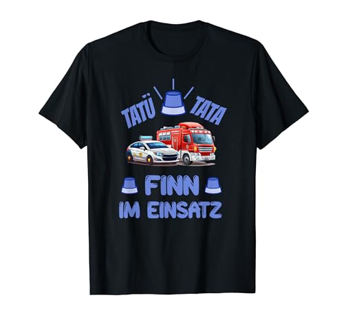 Finn im Einsatz Polizeiauto Feuerwehrauto Blaulicht Kinder T-Shirt von Jungen Vorname Designs für Kindergarten und Schule