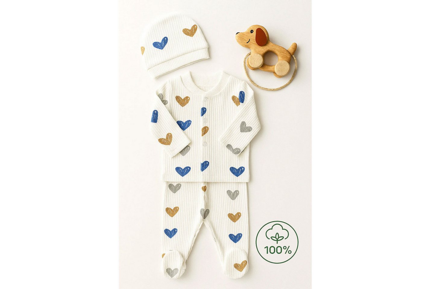Jungengel Neugeborenen-Geschenkset Babykleidung Geburt Baby-Set Babyausstattung Erstausstattung Herzen (Bekleidungsset, 3-tlg., 3-teiliges Babyset bestehend aus Oberteil, Hose und Mütze) Weiches 3-teiliges Babyset mit Herzmuster aus 100 % Baumwolle von Jungengel