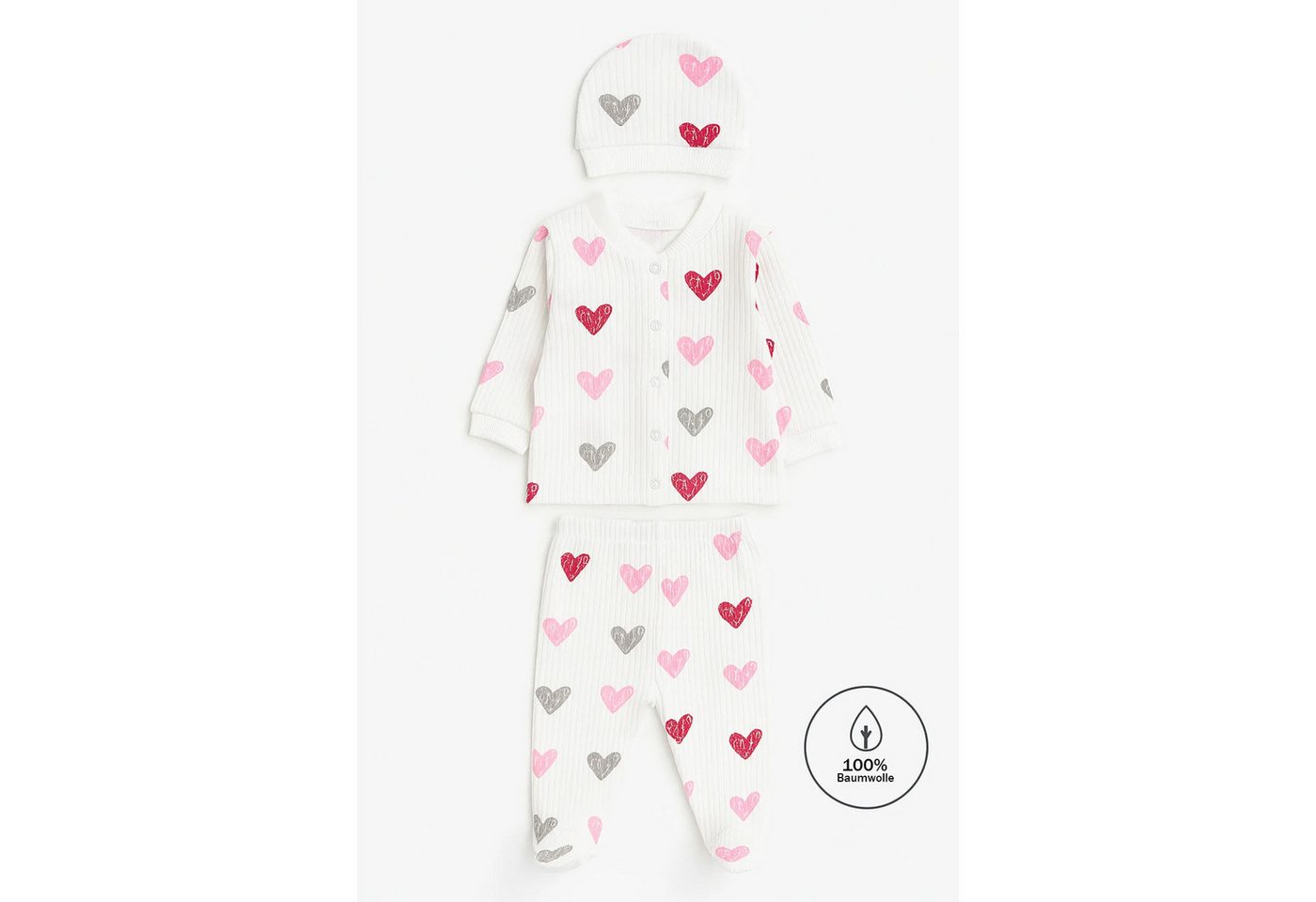 Jungengel Neugeborenen-Geschenkset Babykleidung Geburt Baby-Set Babyausstattung Erstausstattung Herzen (Bekleidungsset, 3-tlg., 3-teiliges Babyset bestehend aus Oberteil, Hose und Mütze) Weiches 3-teiliges Babyset mit Herzmuster aus 100 % Baumwolle von Jungengel