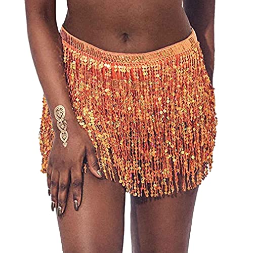 Bauchtanz Quaste Fransenrock Sexy Pailletten Rock Outfit Rave Rock Hüfttuch Kostüme Hip Glitzer Rock Franse Rock Glitzer Rock Karneval Kostüm (Einheitsgröße,Orange) von Jungerhouse