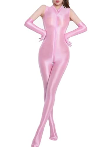 Body Dessous Damen Sexy Bodystocking Öl Ganzkörper Ärmellos Catsuit Reizwäsche mit Reißverschluss Erotik Nachtwäsche Overall Jumpsuit Babydoll Offener Schritt Strumpfhose (Rosa,Einheitsgröße) von Jungerhouse