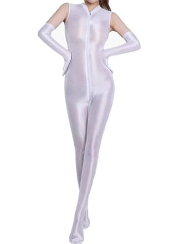 Body Dessous Damen Sexy Bodystocking Öl Ganzkörper Ärmellos Catsuit Reizwäsche mit Reißverschluss Erotik Nachtwäsche Overall Jumpsuit Babydoll Offener Schritt Strumpfhose (Weiß,Einheitsgröße) von Jungerhouse