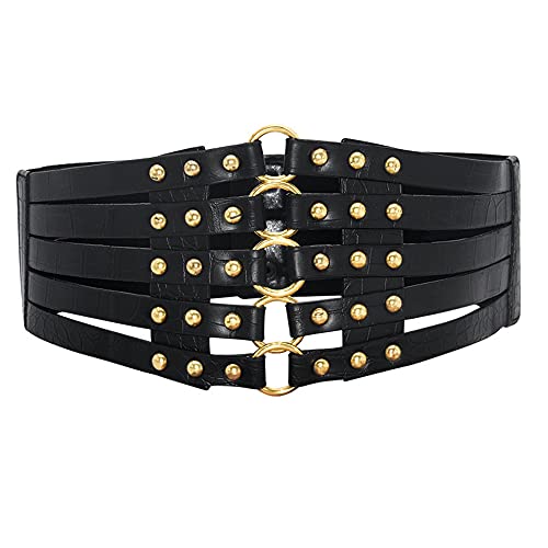 Damen Leder Gürtel Breit Nieten Gürtel Elastischer Taillen Gürtel Retro Nietengürtel Bindegürtel Korsett mit Nieten und Ring Schnalle Design Taillengürtel Kunstleder Mieder Gothic Hüftgürtel (Schwarz) von Jungerhouse