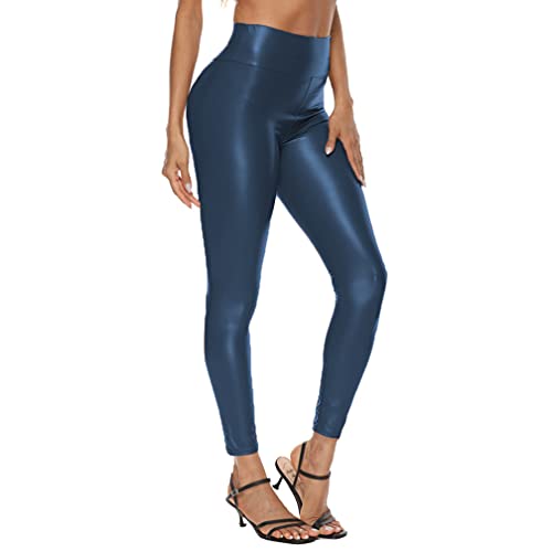 Damen Lederhose Kunstleder High Waist Leggings Sexy Stretch Skinny Leggings Hohe Taille Hose Latex Lack Catsuit Wetlook Schlank Hüfthosen Strumpfhosen (2XL,Navy blau) von Jungerhouse