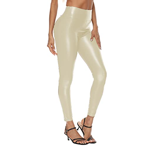 Damen Lederhose Kunstleder High Waist Leggings Sexy Stretch Skinny Leggings Hohe Taille Hose Latex Lack Catsuit Wetlook Schlank Hüfthosen Strumpfhosen (4XL,Beige) von Jungerhouse