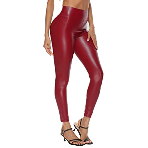 Damen Lederhose Kunstleder High Waist Leggings Sexy Stretch Skinny Leggings Hohe Taille Hose Latex Lack Catsuit Wetlook Schlank Hüfthosen Strumpfhosen (L,Weinrot) von Jungerhouse