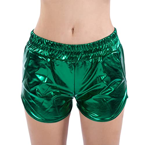 Damen Metallic Shorts PU Leder Shorts Elastic Waist Shorts Shiny Shorts Leopard Sexy Hotpants Kunstlederhose Leggings Leder Kurze Hose (L,Grün) von Jungerhouse