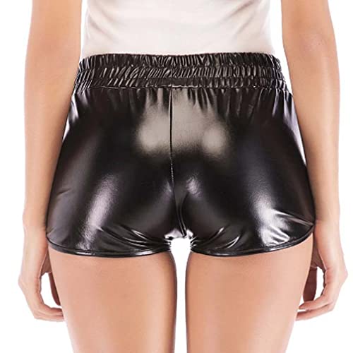 Damen Metallic Shorts PU Leder Shorts Elastic Waist Shorts Shiny Shorts Leopard Sexy Hotpants Kunstlederhose Leggings Leder Kurze Hose (L,Schwarz) von Jungerhouse