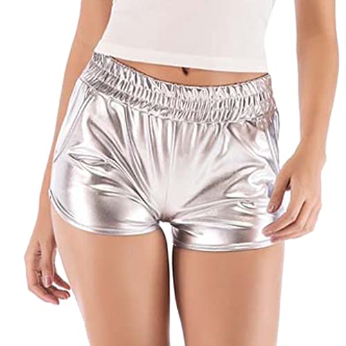 Damen Metallic Shorts PU Leder Shorts Elastic Waist Shorts Shiny Shorts Leopard Sexy Hotpants Kunstlederhose Leggings Leder Kurze Hose (S,Silber) von Jungerhouse