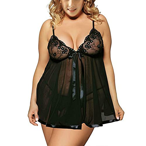 Damen Sexy Dessous Set Große Größen Erotische Lingerie Unterwäsche Reizwäsche Spitze Nachthemd V-Ausschnitt Negligee Babydoll Mesh Spitzen Nachtwäsche mit G-String Nachtkleid (6XL,Schwarz) von Jungerhouse