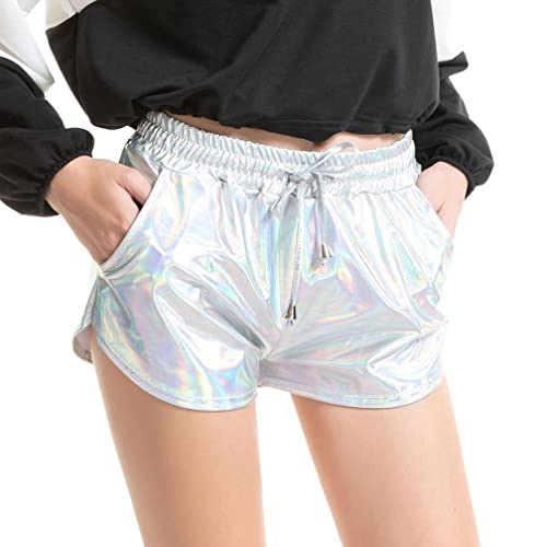 Damen Sexy Leder Shorts Glanz PU Lederoptik Kurze Hose Push up Lederimitat Kunstlederhose Glänzend Bodycon Hotpants Leggings Metallic Leder Kurze Hose (M,Weiß) von Jungerhouse