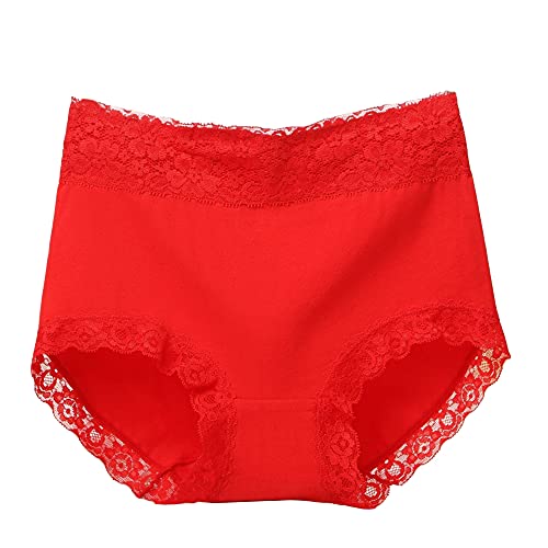 Damen Slip Unterhose Miederhose Baumwolle Hoher High Waist Taillenslip Atmungsaktive Unterwäsche Baumwolle Spitze Panty Hipster mit Feinem Spitzenbesatz an Bein und Taille Hipster (L,Rot) von Jungerhouse