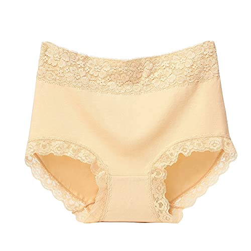 Damen Slip Unterhose Miederhose Baumwolle Hoher High Waist Taillenslip Atmungsaktive Unterwäsche Baumwolle Spitze Panty Hipster mit Feinem Spitzenbesatz an Bein und Taille Hipster (XXXL,Haut) von Jungerhouse