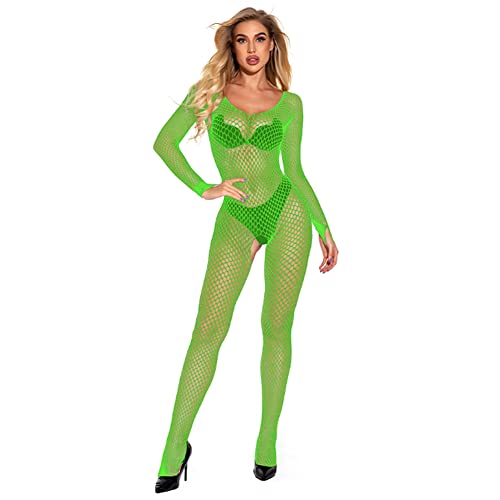 Damen Spitzen Bodysuit Einteiler Jumpsuit Overall Durchsichtig Netz-Bodysuit Sexy Body Erotik Reizwäsche Sexy Unterwäsche Catsuit Sexy Kostüm Transparent Netz Body Dessous (Grün,Einheitsgröße) von Jungerhouse